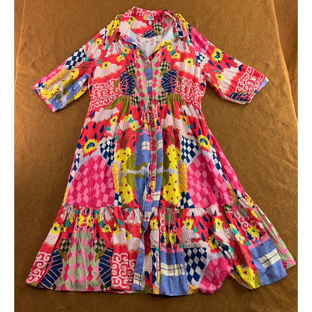 Ulla Popken Women 20/22 Multi Color Mixed Print Tiered Viscose Midi Shirt Dress